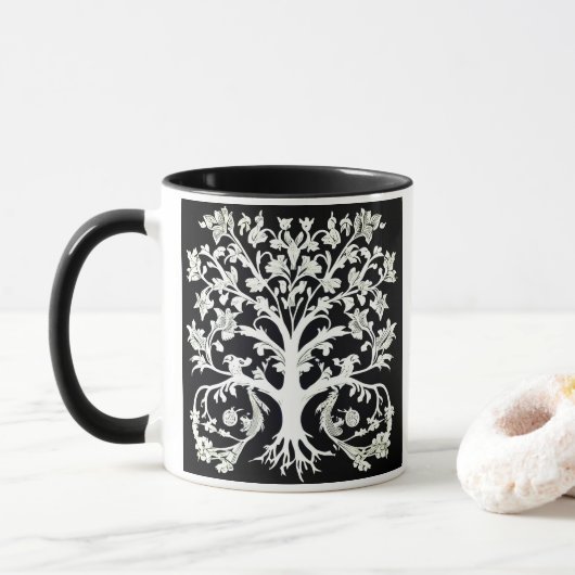 Mug Arbre de vie floral en blanc sur noir (Avec donut)