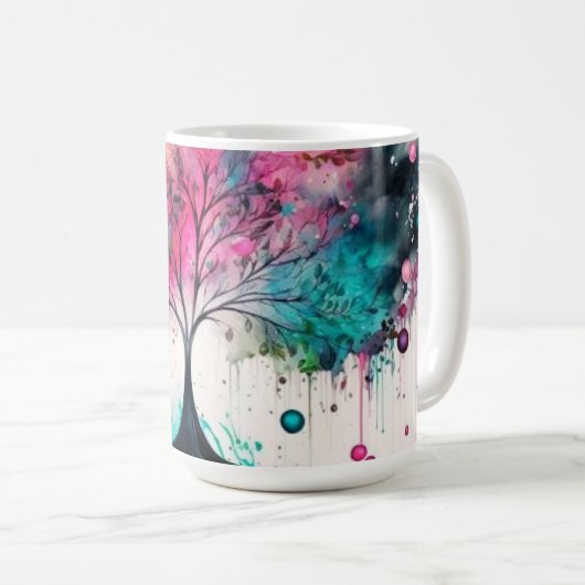 Mug Arbre mystique moderne & gras (bleu, rose, orange) (Devant droit)