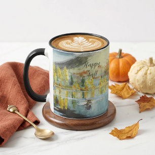 Mug Arbres d'automne et élans nageant avec texte perso