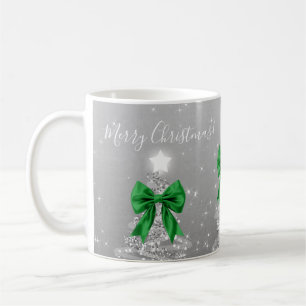 Mug Arbres de Noël argentés de vacances élégants Ruban