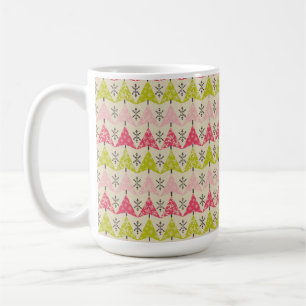 Mug Arbres de Noël rose et vert avec des flocons de ne
