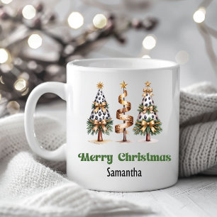 Mug Arbres de Noël Sophistiqués au Léopard Nom Personn