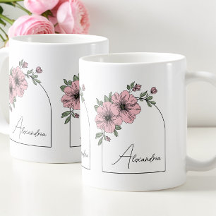 Mug Arc Botanique Floral Rose Élégant Écriture Noire