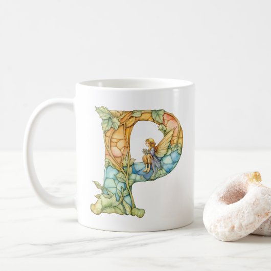 Mug Arc en ciel Fairy Initial 'P' (Avec donut)