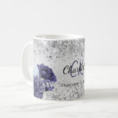 Mug Argent bleu marine florales élégant nom monogramme (Devant gauche)