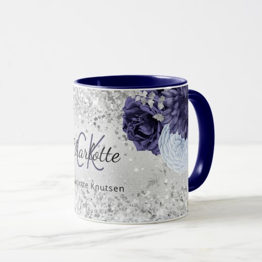 Mug Argent bleu marine florales élégant nom monogramme (Devant droit)
