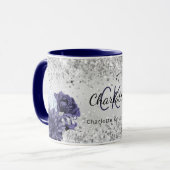 Mug Argent bleu marine florales élégant nom monogramme (Devant gauche)