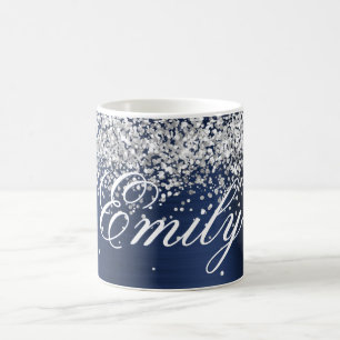 Mug Argent Personnalisé Paillettes Bleu Nuit Feuille