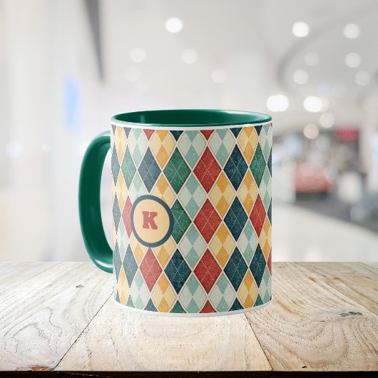 Mug Arlequin Rétro Rouge or Vert Jacquard initial