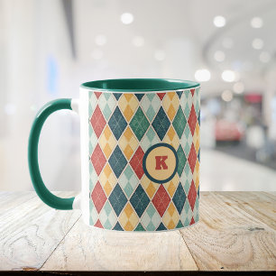 Mug Arlequin Rétro Rouge or Vert Jacquard initial