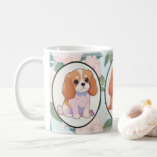 Mug Arrière - plan de fleurs classiques Cavalier King  (Avec donut)