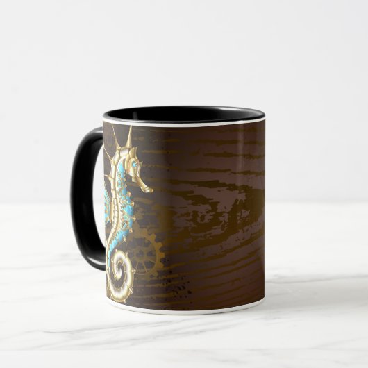 Mug Arrière - plan en bois avec cheval de mer mécaniqu (Devant gauche)