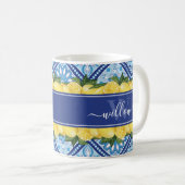 Mug Arrière-plan en carreaux bleu citron Nom Monogramm (Devant droit)