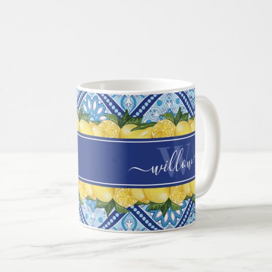 Mug Arrière-plan en carreaux bleu citron Nom Monogramm (Devant droit)