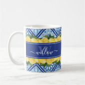 Mug Arrière-plan en carreaux bleu citron Nom Monogramm (Gauche)