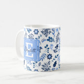 Mug Art Botanique Moderne Folk Art Bleu Blanc Nom (Devant gauche)