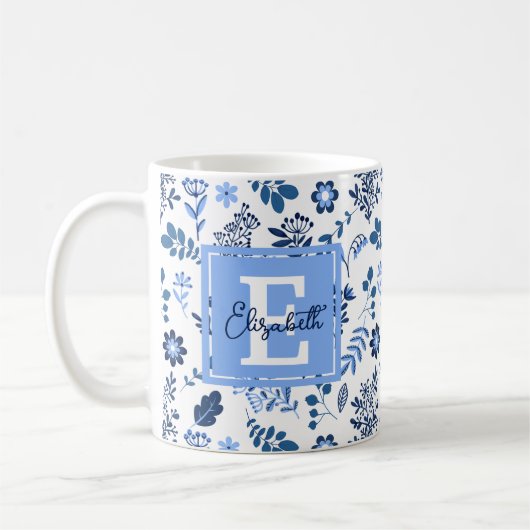 Mug Art Botanique Moderne Folk Art Bleu Blanc Nom (Gauche)