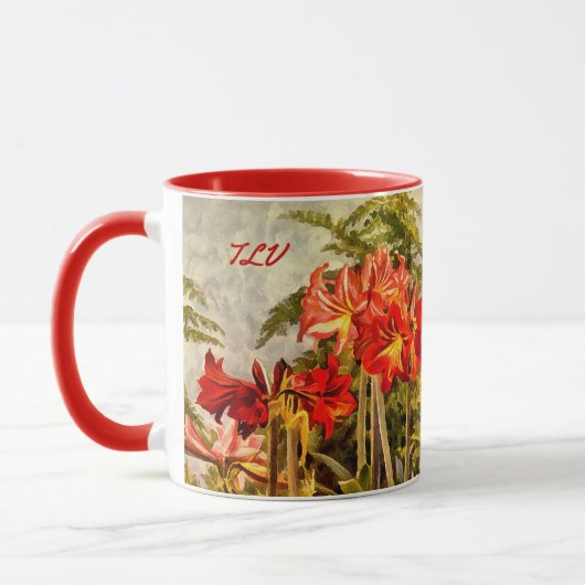 Mug Art Botanique Rouge Amaryllis - Initiales Monogram (Gauche)