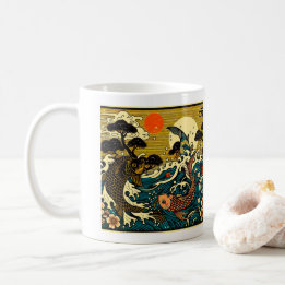 Mug Art de bloc de bois japonais Carpe doré Pivoine Va