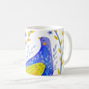 Mug Art d'oiseau bleu et jaune à l'aquarelle moderne