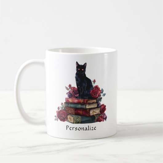 Mug Art gothique Chat noir Antique Livres Crimson Rose (Gauche)
