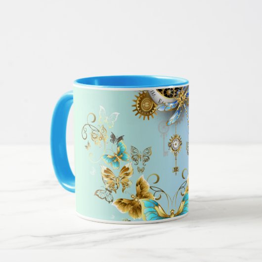 Mug Art graphique Steampunk turquoise, Sérénité mécani (Devant gauche)