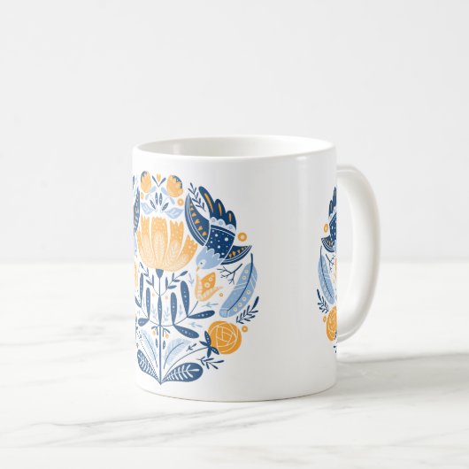 Mug Art populaire ornement rond avec oiseaux, roses et (Devant droit)