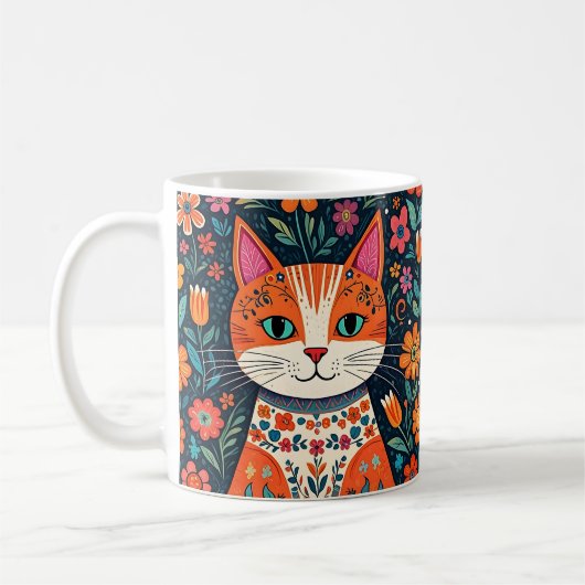 Mug Art populaire Whimsical Chat et Fleurs (Gauche)