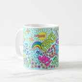 Mug Art rétro. Paix, Amour, Joie. Style années 60 (Devant gauche)