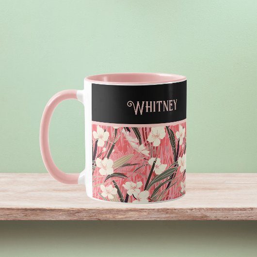 Mug Asian Floral Pink Peach White Chinoiserie Monogram