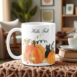 Mug Automne Citrouille Chat noir Aquarelle Feuilles d'