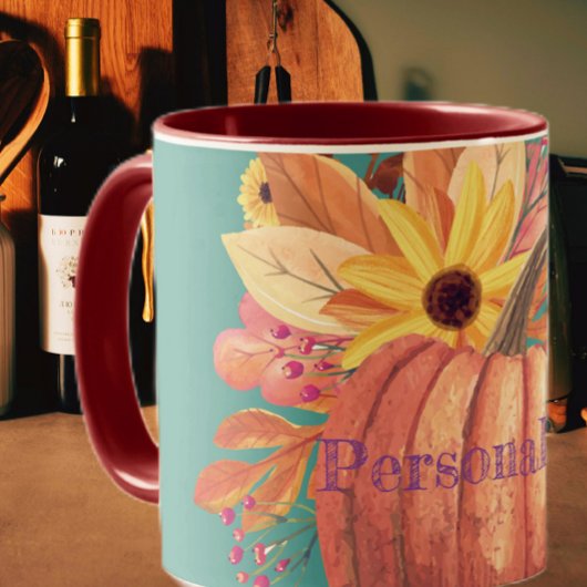 Mug Automne citrouille terre cuite fleurie orange et t