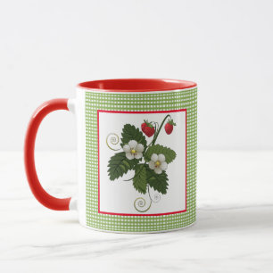 Mug avec plante de fraise et bordure à carreaux