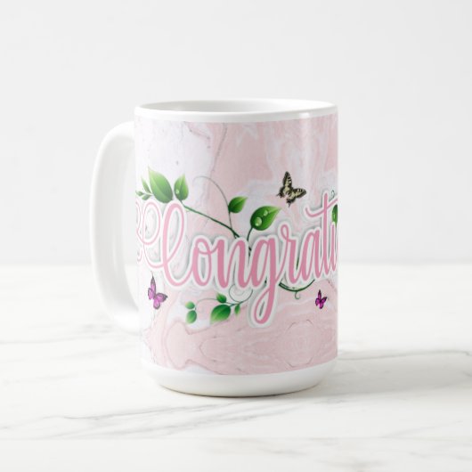 Mug avec texte de félicitations à fleurs roses (Devant gauche)