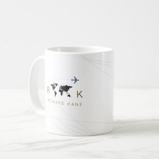 Mug avion élégant + carte monogrammée sur blanc (Devant gauche)