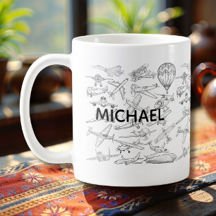 Mug Avions dessinés à la main Aviation Pilote Aviateur