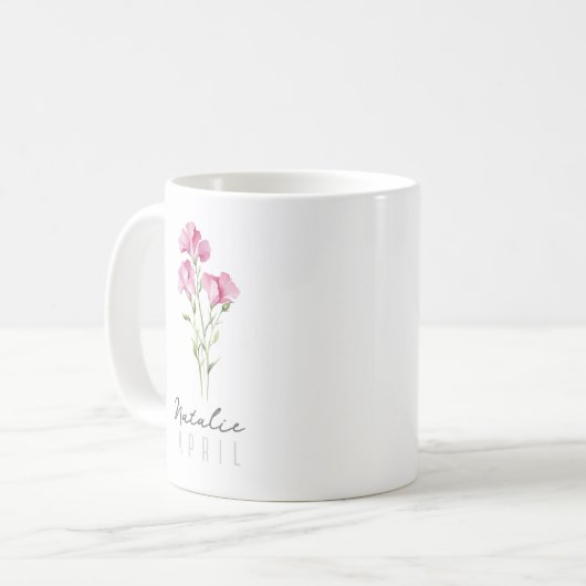 Mug Avril Mois de naissance Fleur avec nom - Pois doux (Devant gauche)