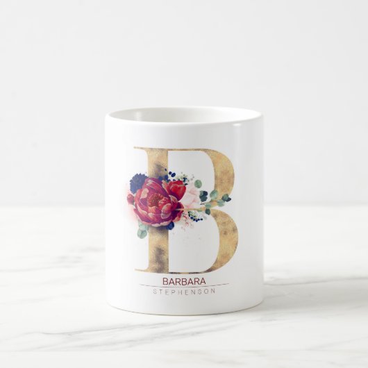 Mug B Monogramme Floral Bourgogne Rouge et Navy Blue (Centre)