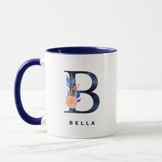Mug B Monogramme Marine Aquarelle bleu Floral (Gauche)