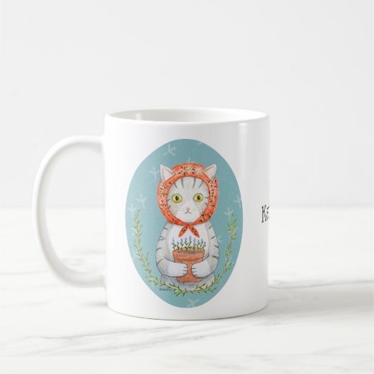 Mug Babushka Cat Gray Tabby Cat Gift Custom Name (Gauche)