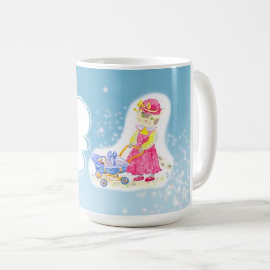 Mug Baby shower. Chat mignon et bébé (Devant droit)