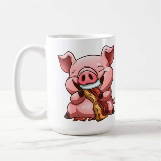 Mug Bacon de dessin animé d'un cochon mangeant une bal (Gauche)