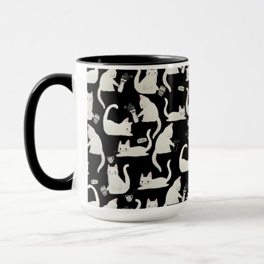 Mug Bad Cats Knocking Stuff Over, White Cats on Black (Gauche)