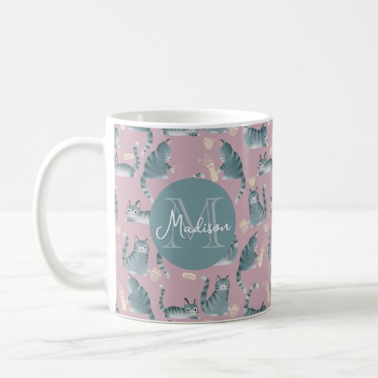Mug Bad Grey Tabby Chats Frappe Stuff Over & Monogramm (Gauche)