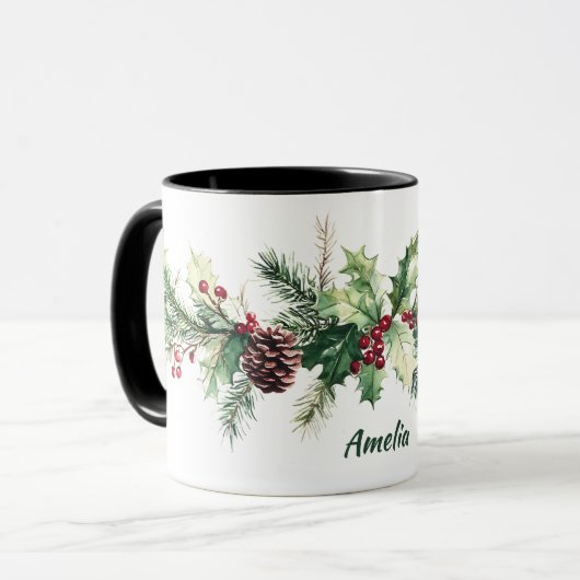 Mug Baie de pin d'hiver Nom personnalisé Fêtes (Devant gauche)