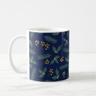 Mug Baies de houx élégantes Noël botanique bleu or