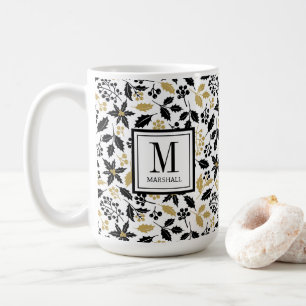 Mug Baies de houx Noir Or Nom Monogramme Noël