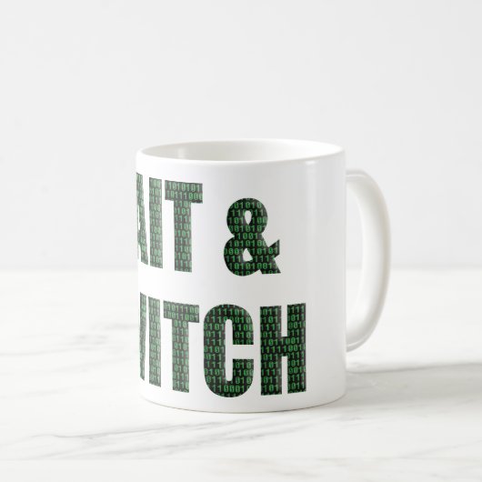Mug “Bait and Switch” with a binary code overlay.  (Devant droit)