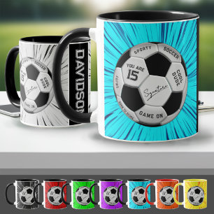 Mug Balle de football bleue personnalisée âge nom anni