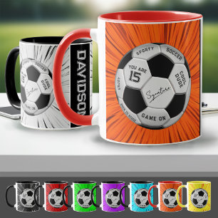 Mug Balle de football orange personnalisée avec texte